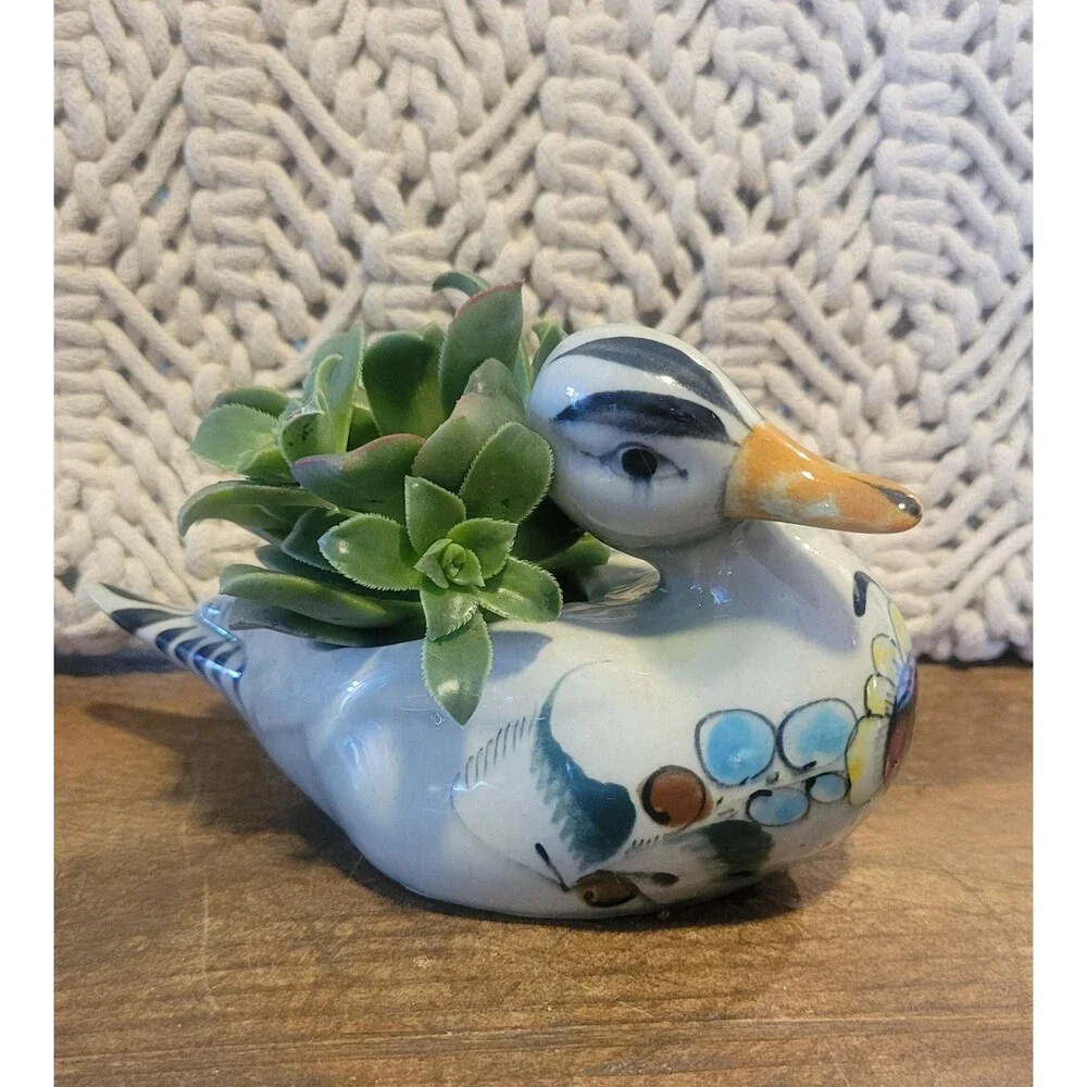Vintage Noé Suro Tonala Duck Planter Mexico Folk Art Hand Painted Pottery 1970s